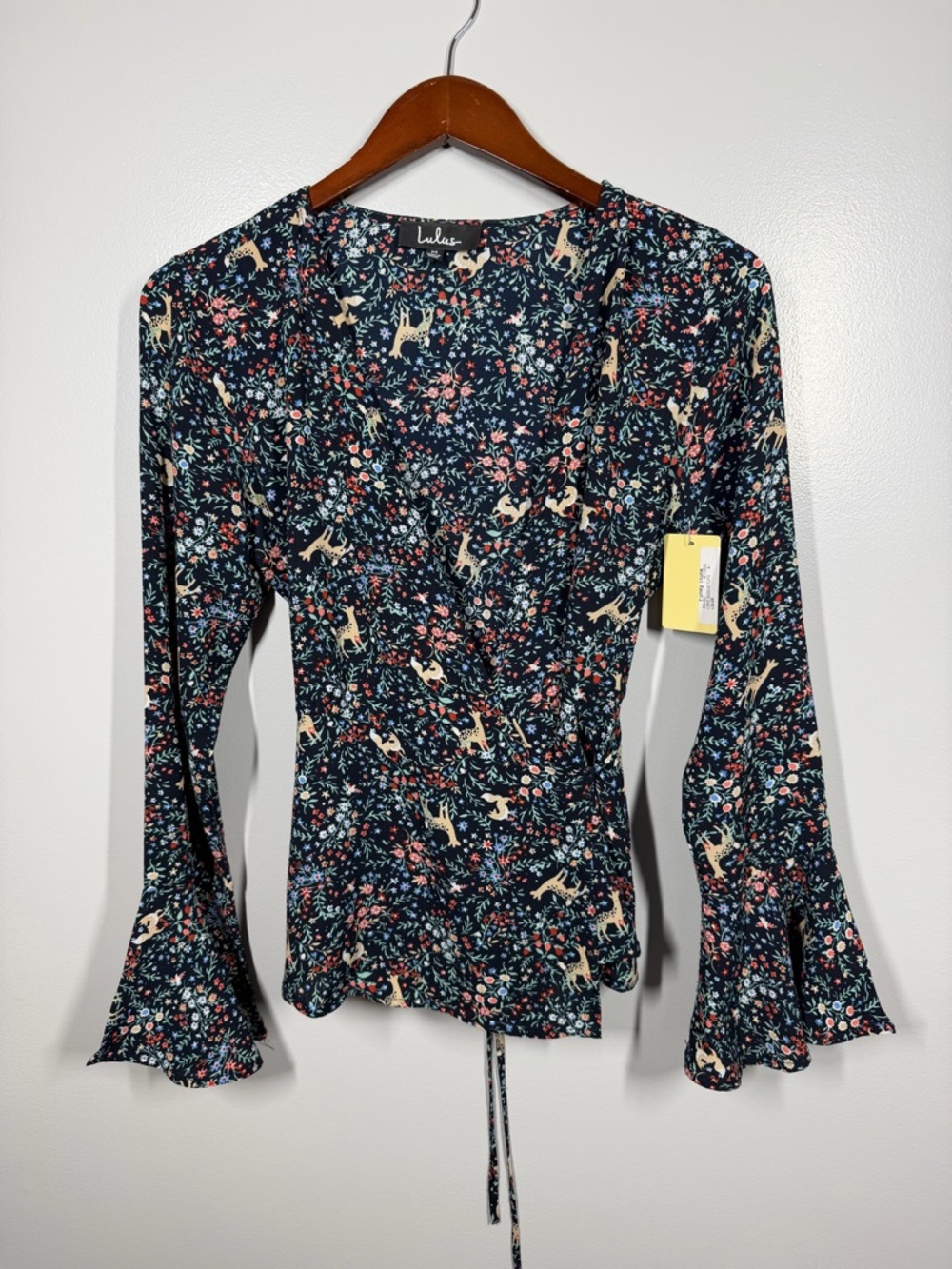 Lulu's Navy Floral & Cream Wrap Top with Bell Cuffs, Size M